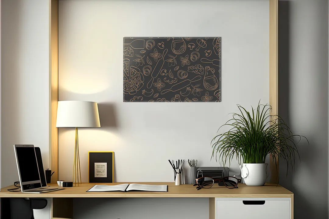 Kurkborden op canvas met donker keukenpatroon met lijnillustraties – formaat 140 × 100 cm