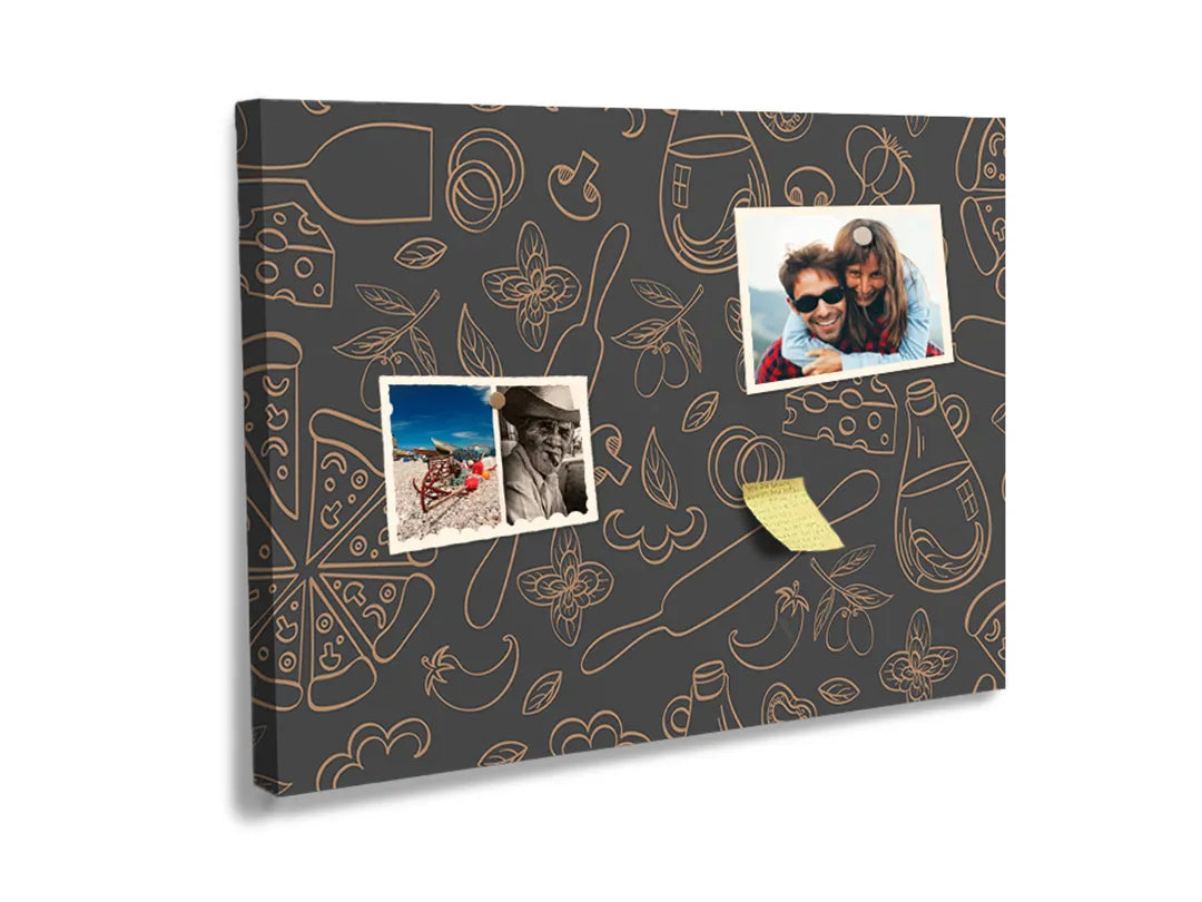 Kurkborden op canvas met donker keukenpatroon met lijnillustraties – formaat 60 × 40 cm