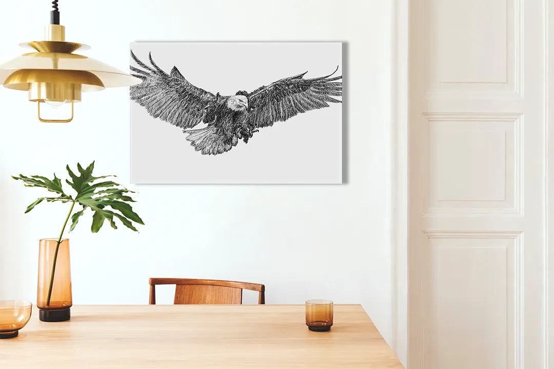 Kurkborden op canvas met zwart-witte adelaar met gespreide vleugels – formaat 100 × 70 cm