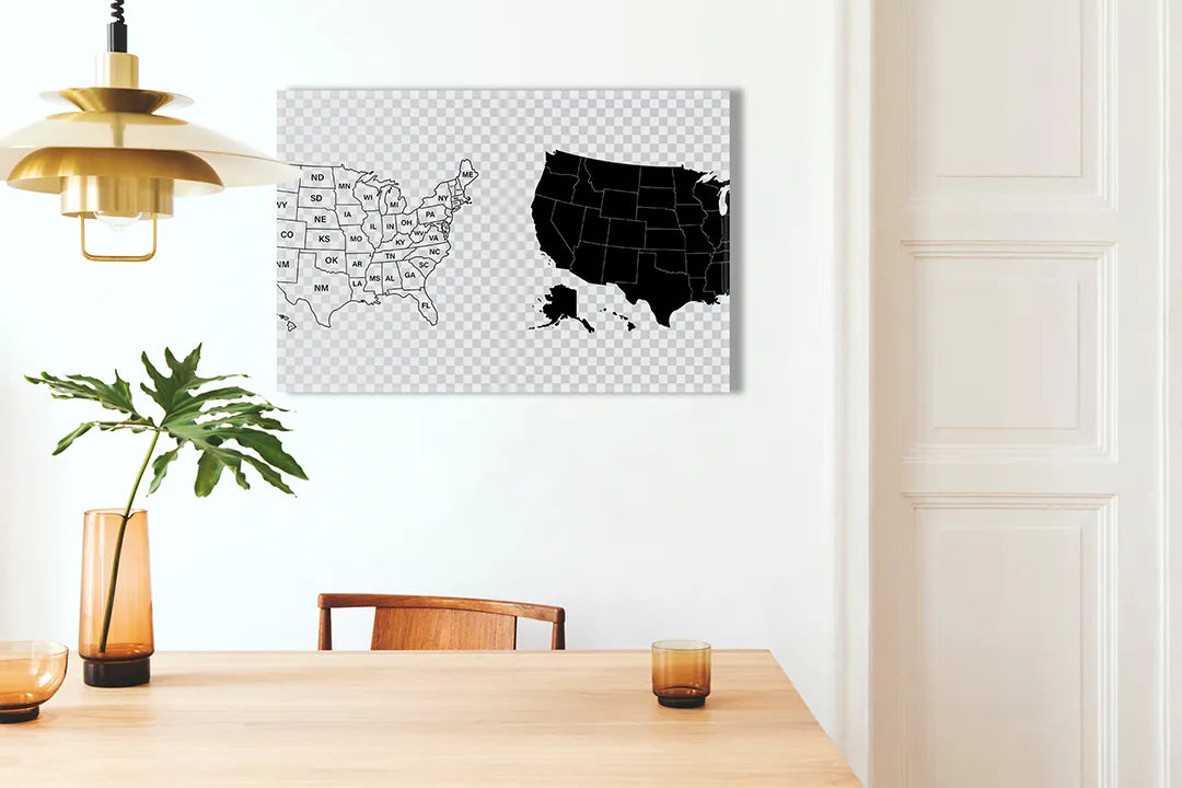 Kurkborden op canvas met kaart van de verenigde staten in zwart-wit – formaat 100 × 70 cm
