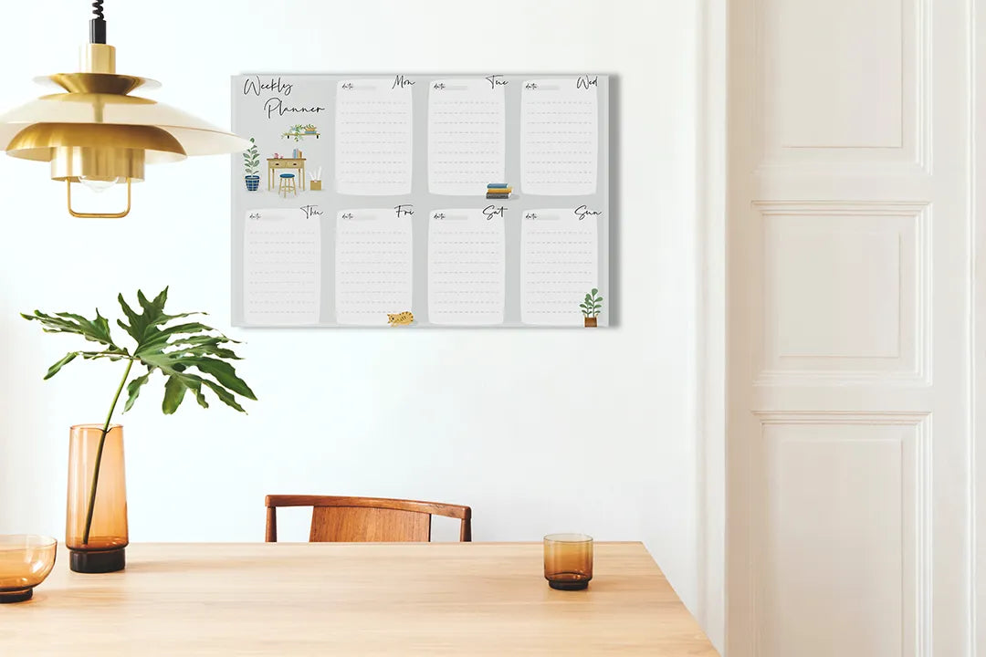 Kurkborden op canvas met botanische weekplanner met planten – formaat 100 × 70 cm