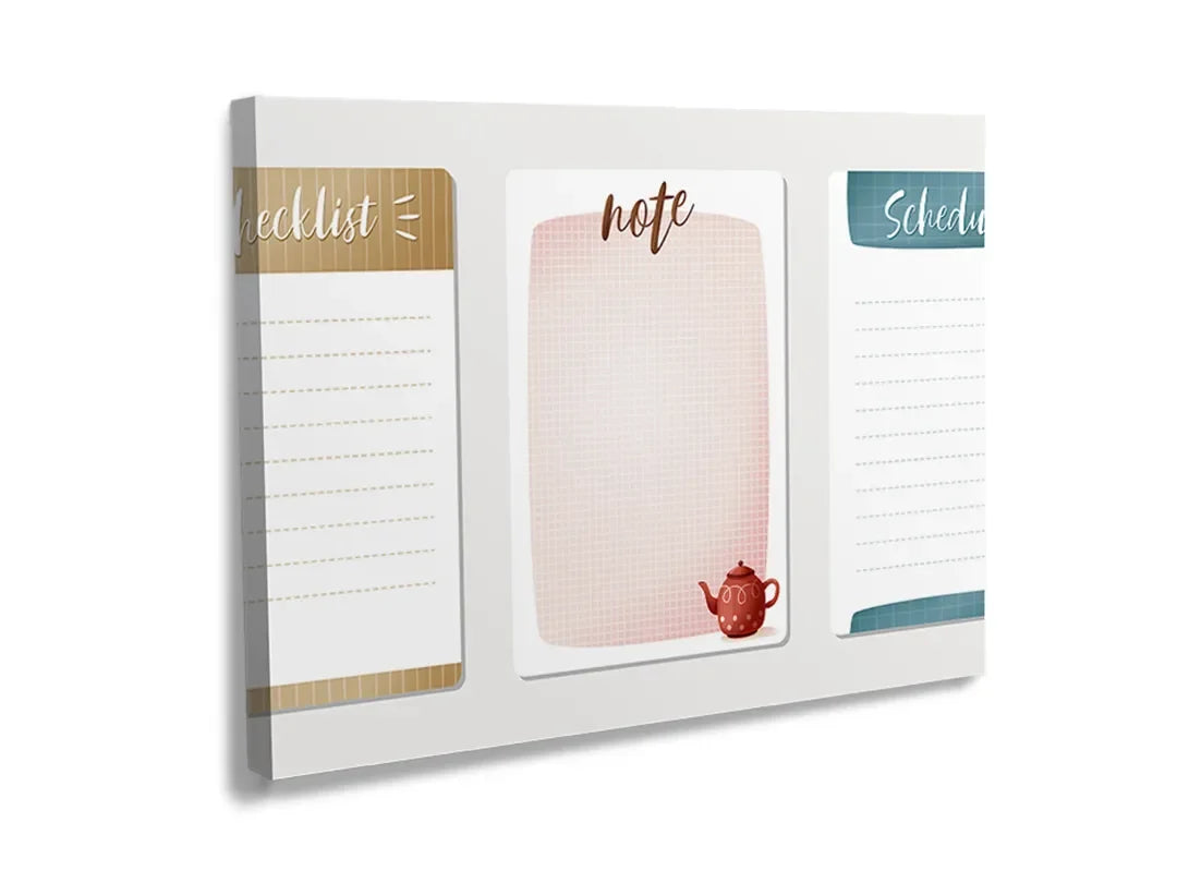 Kurkborden op canvas met driedelige notitieplanner in pastelkleuren – formaat 120 × 80 cm