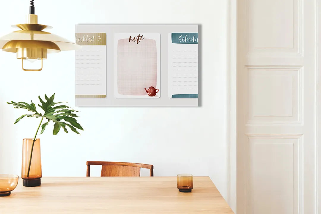 Kurkborden op canvas met driedelige notitieplanner in pastelkleuren – formaat 100 × 70 cm