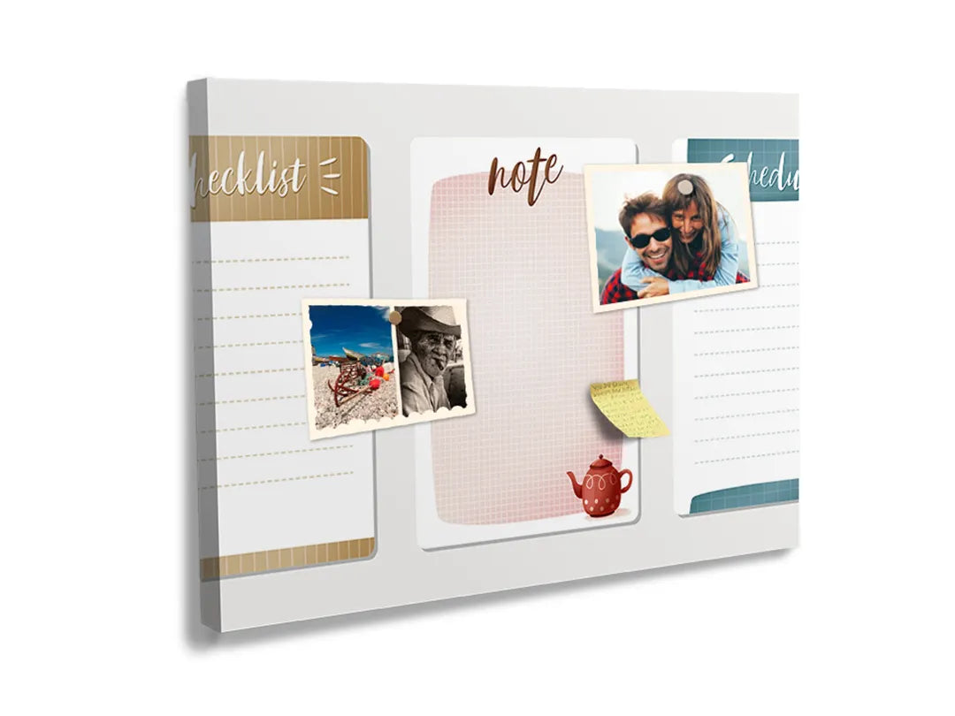 Kurkborden op canvas met driedelige notitieplanner in pastelkleuren – formaat 60 × 40 cm