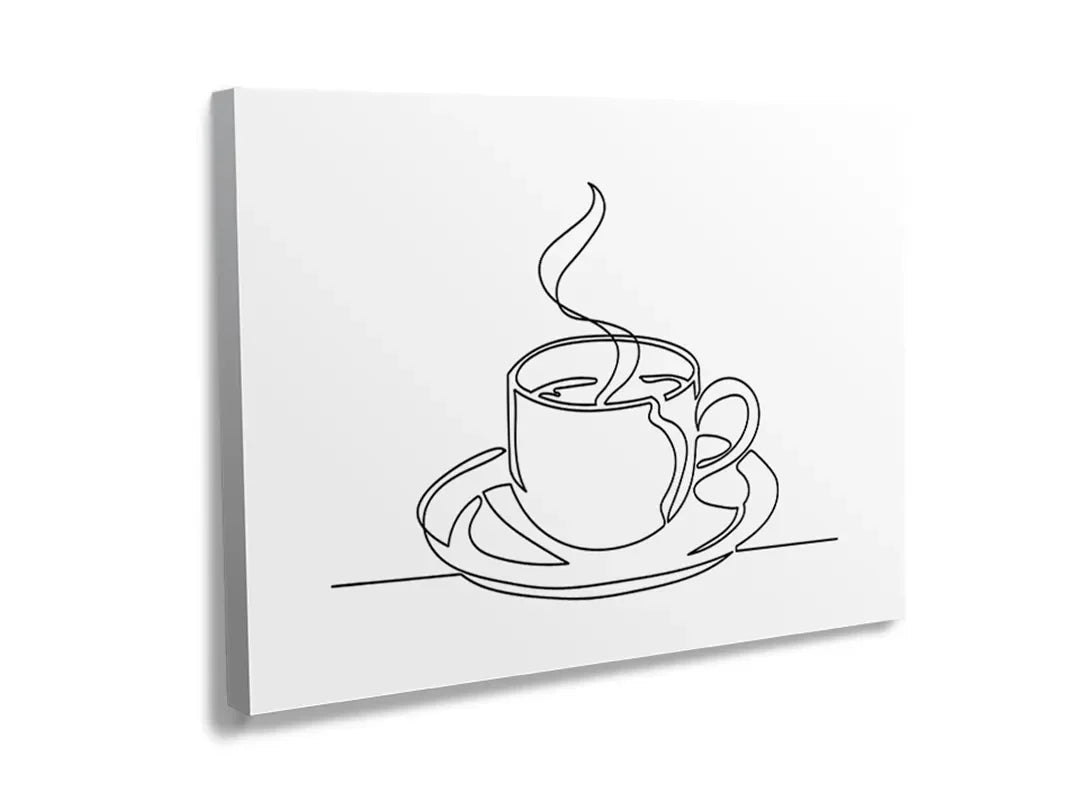 Kurkborden op canvas met minimalistische lijntekening van koffiekop – formaat 120 × 80 cm