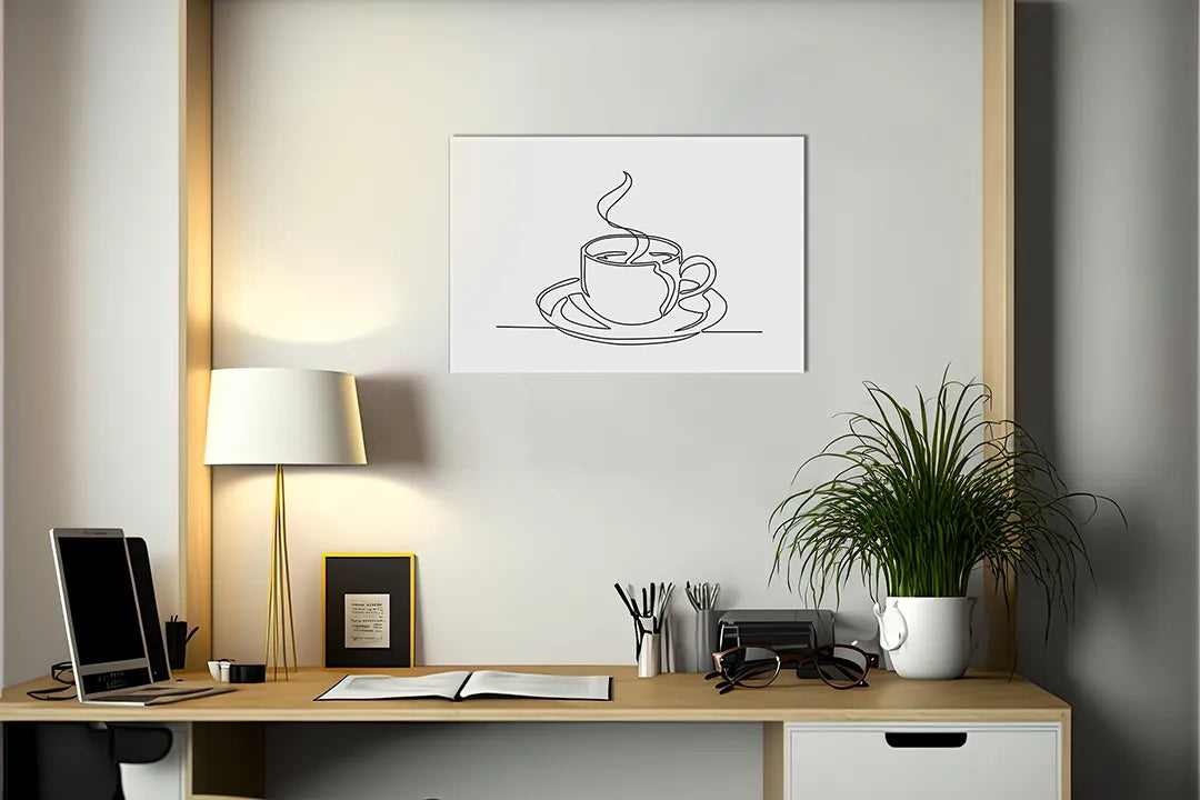 Kurkborden op canvas met minimalistische lijntekening van koffiekop – formaat 140 × 100 cm