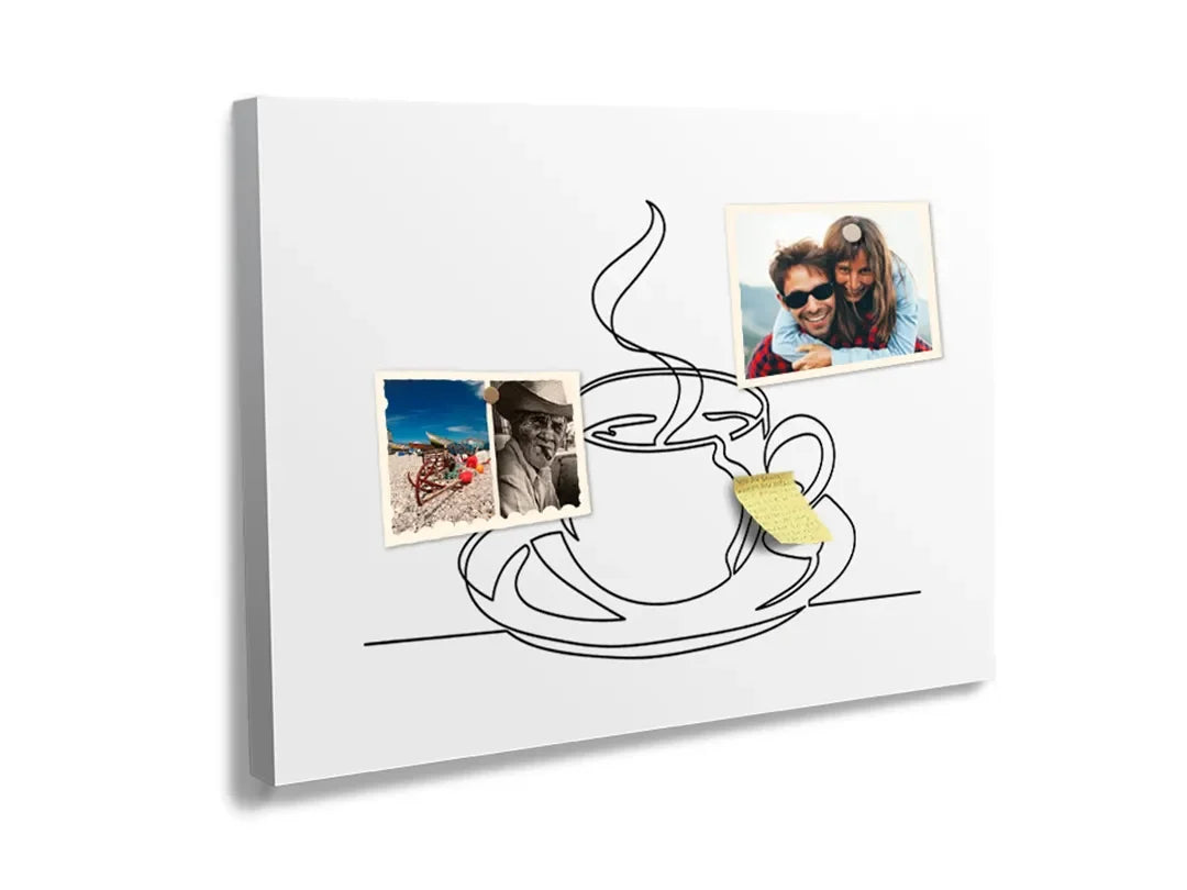 Kurkborden op canvas met minimalistische lijntekening van koffiekop – formaat 60 × 40 cm
