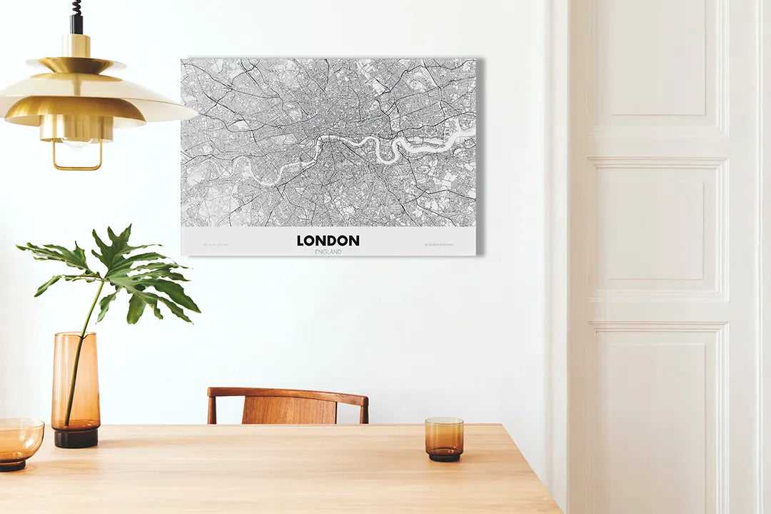 Kurkborden op canvas met zwart-witte stadskaart van londen – formaat 100 × 70 cm