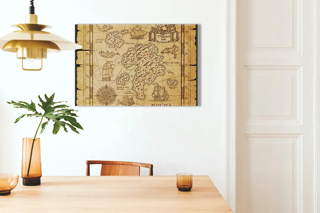 Kurkborden op canvas met vintage schatkaart op hout – formaat 100 × 70 cm