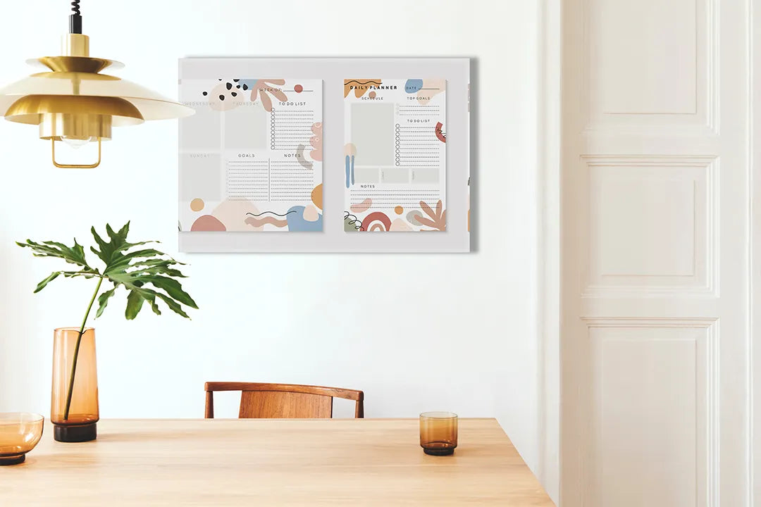 Kurkborden op canvas met pastel planner met abstracte vormen – formaat 100 × 70 cm