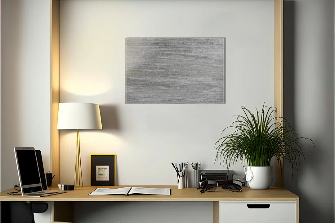 Kurkborden op canvas met grijze geborstelde metaalstructuur – formaat 140 × 100 cm