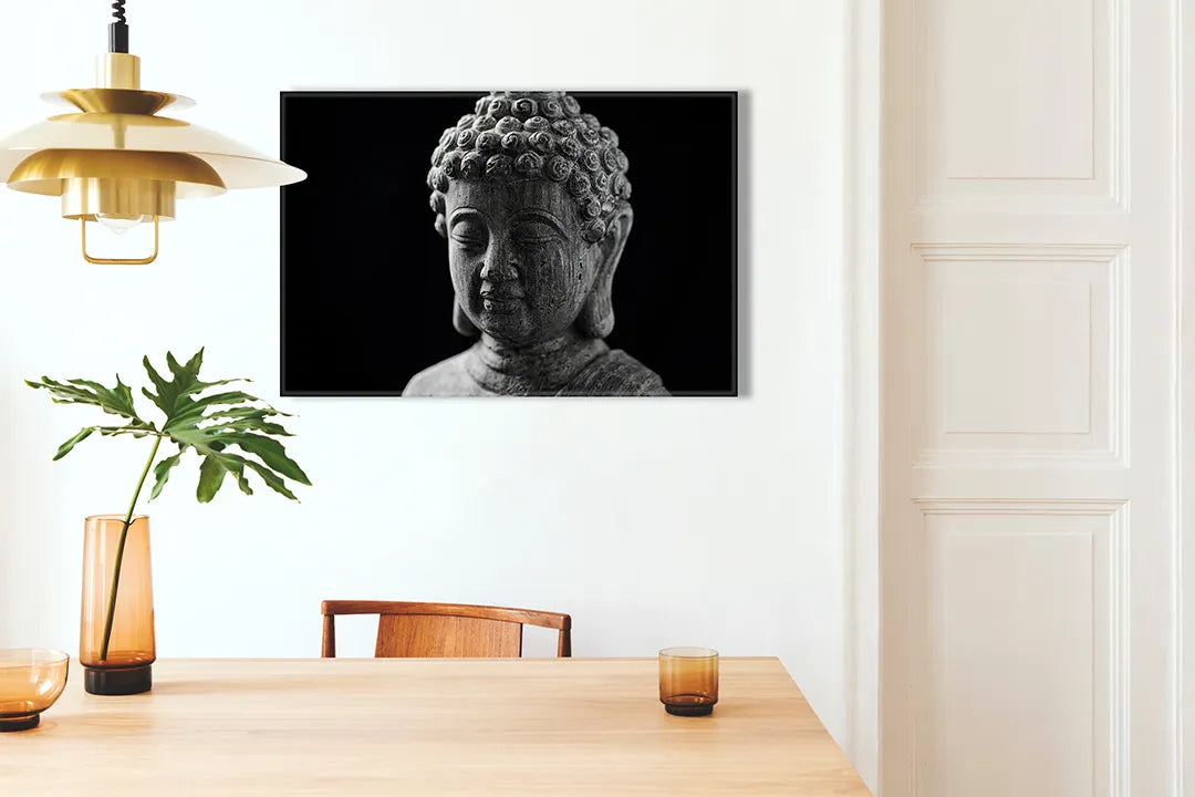 Kurkborden op canvas met zwart-wit boeddhabeeld – formaat 100 × 70 cm