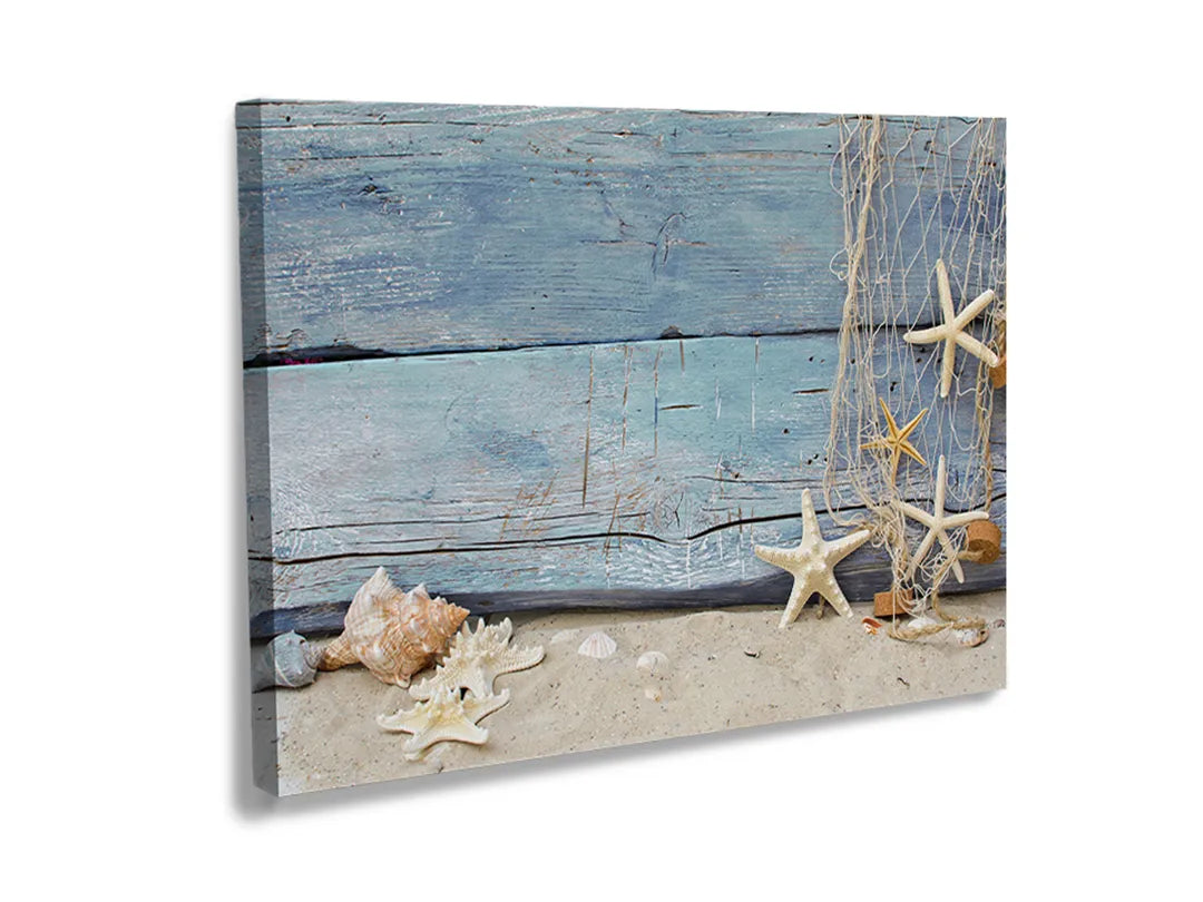 Kurkborden op canvas met strandhout met schelpen en zeesterren – formaat 120 × 80 cm