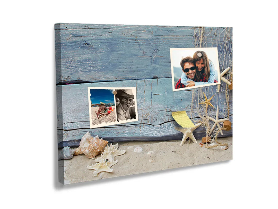 Kurkborden op canvas met strandhout met schelpen en zeesterren – formaat 60 × 40 cm