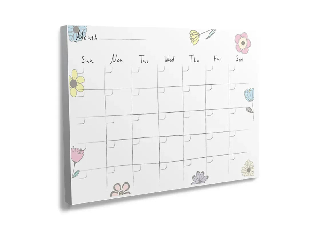 Kurkborden op canvas met minimalistische maandkalender met bloemen – formaat 120 × 80 cm