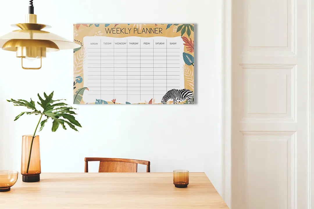 Kurkborden op canvas met jungle weekplanner met zebra – formaat 100 × 70 cm