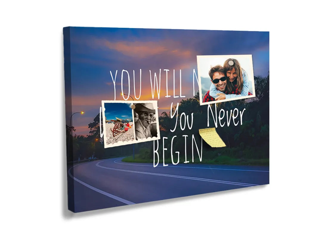 Kurkborden op canvas met motiverende quote over opnieuw beginnen – formaat 60 × 40 cm