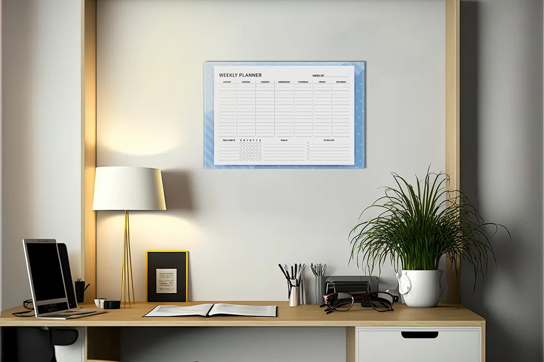 Kurkborden op canvas met blauwe minimalistische weekplanner – formaat 140 × 100 cm