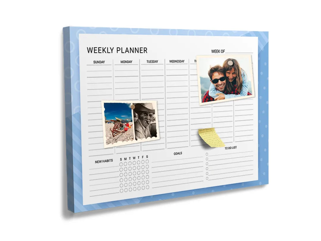 Kurkborden op canvas met blauwe minimalistische weekplanner – formaat 60 × 40 cm