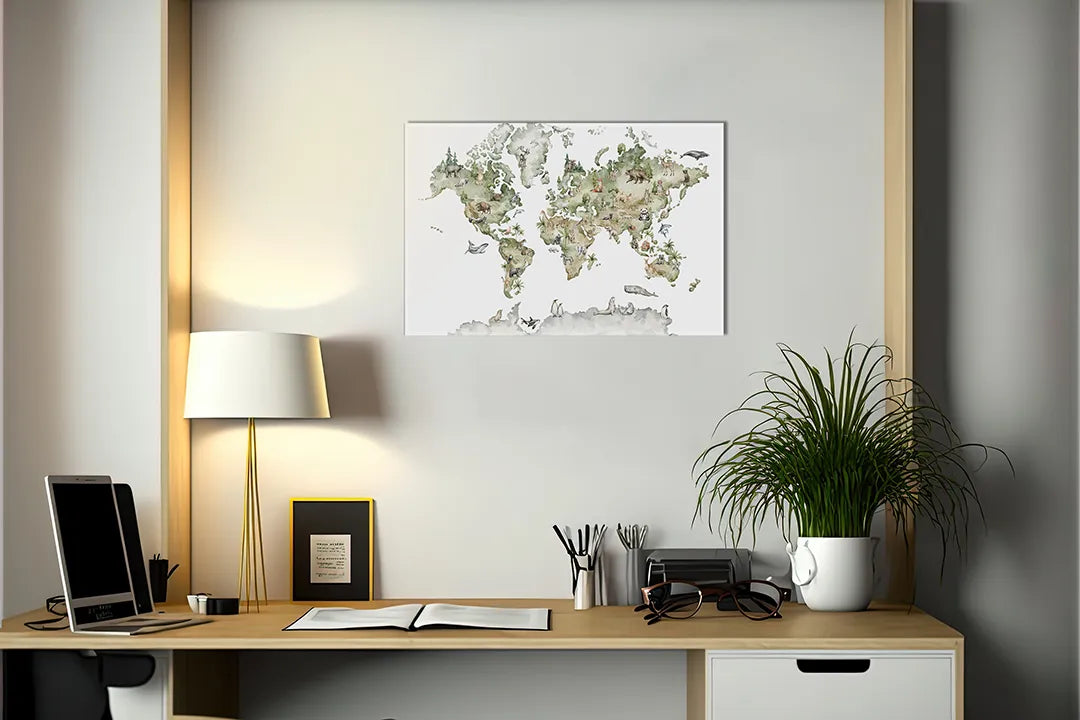 Kurkborden op canvas met artistieke wereldkaart met dieren – formaat 140 × 100 cm