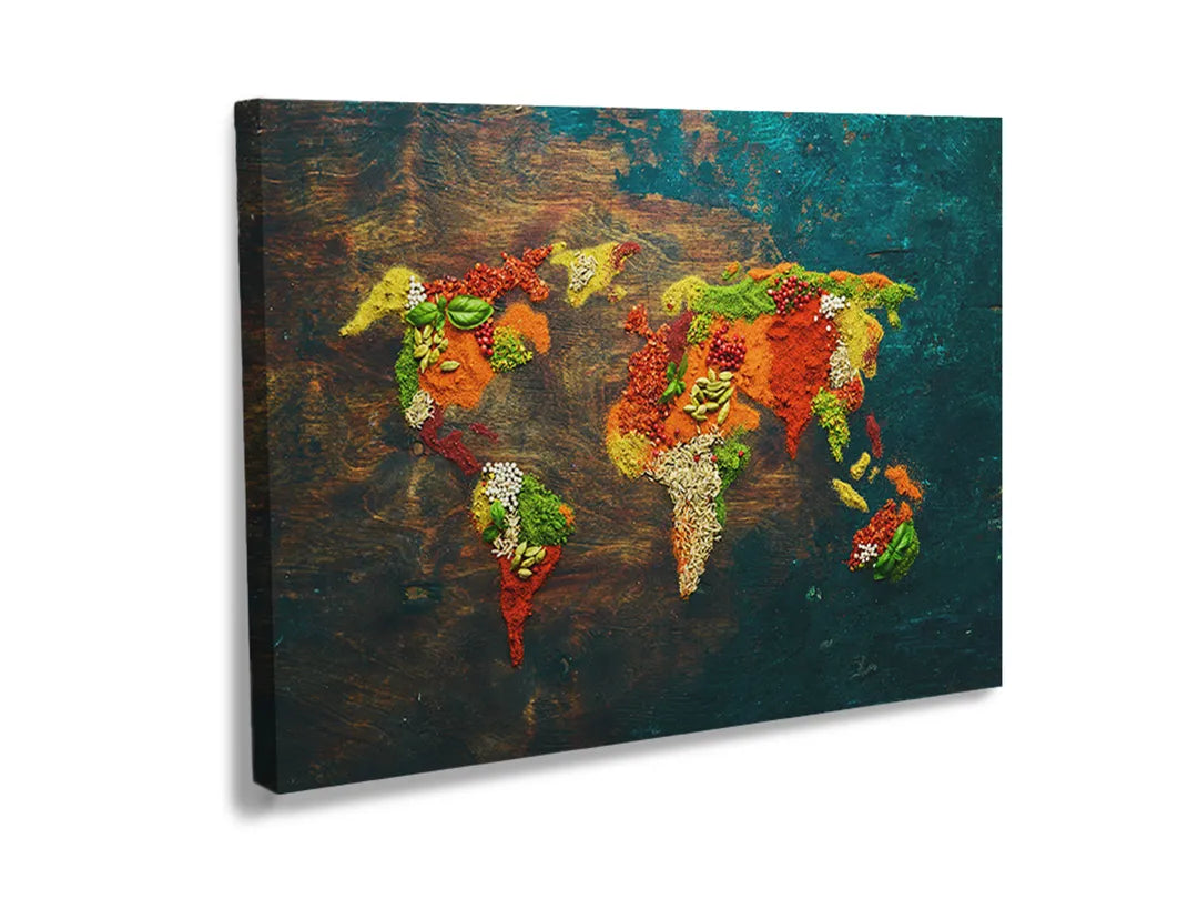 Kurkborden op canvas met abstracte wereldkaart in warme kleuren – formaat 120 × 80 cm
