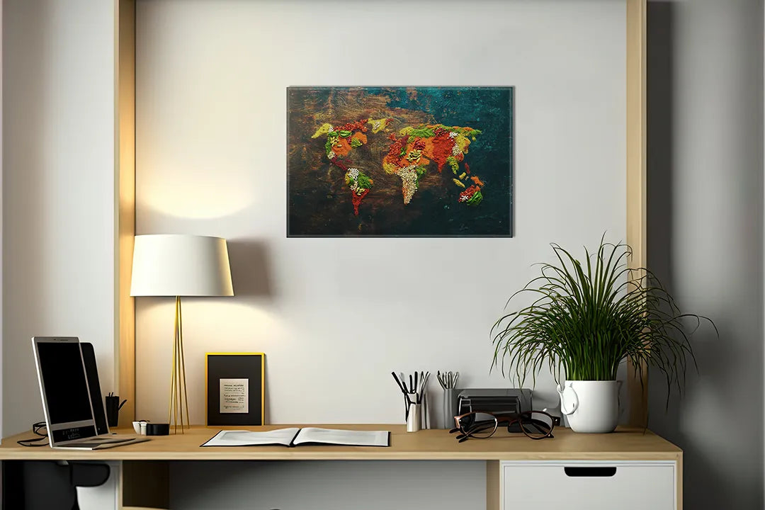 Kurkborden op canvas met abstracte wereldkaart in warme kleuren – formaat 140 × 100 cm