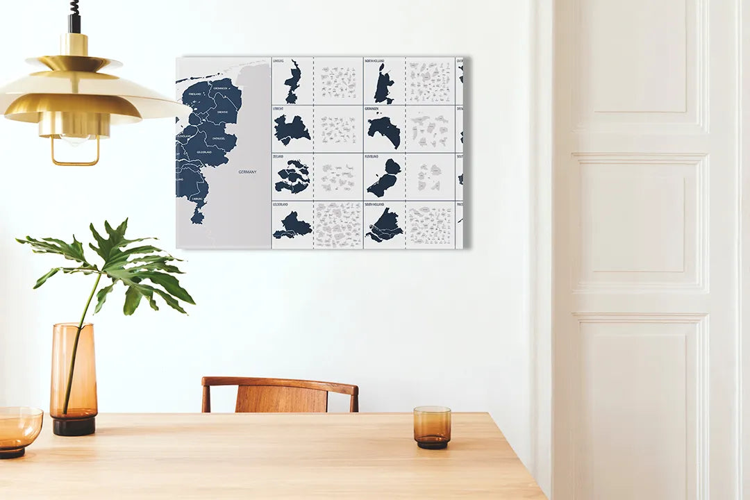 Kurkborden op canvas met kaart van nederland met provincies – formaat 100 × 70 cm