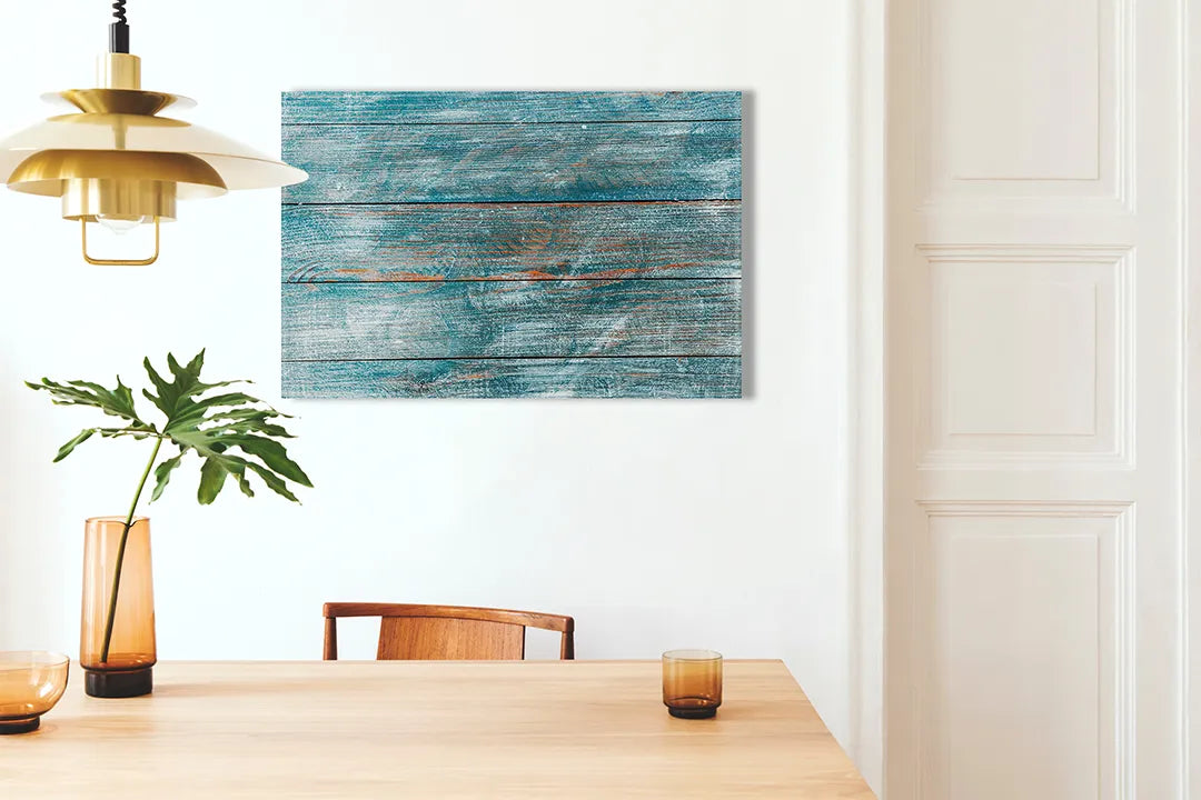 Kurkborden op canvas met turquoise verweerde houtstructuur – formaat 100 × 70 cm