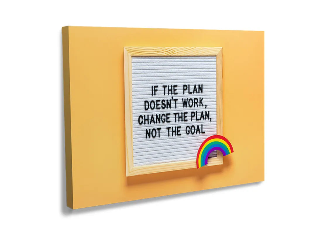 Kurkborden op canvas met quote verander het plan niet het doel – formaat 120 × 80 cm