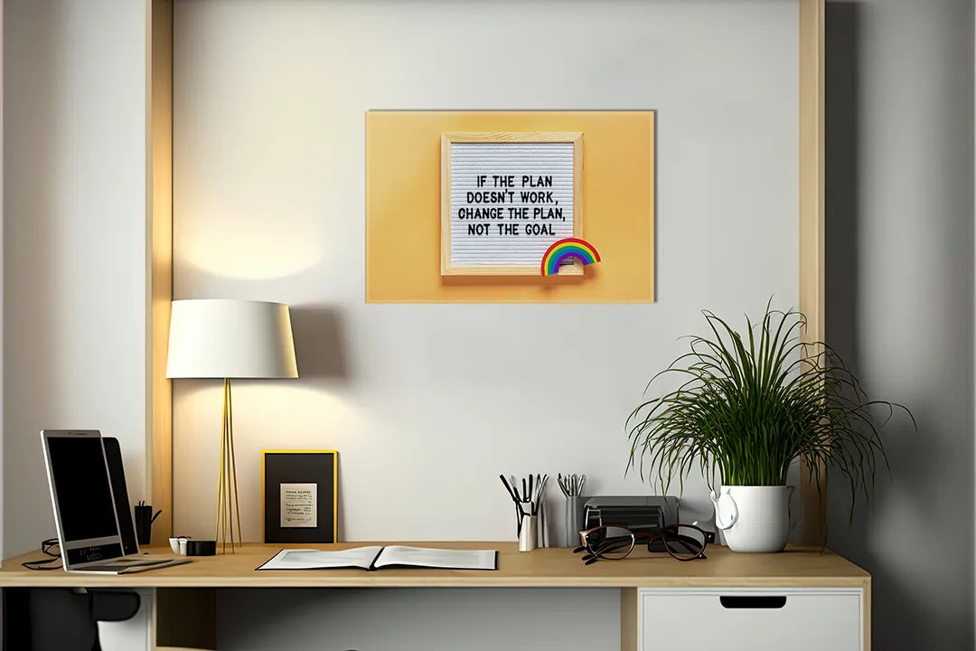 Kurkborden op canvas met quote verander het plan niet het doel – formaat 140 × 100 cm