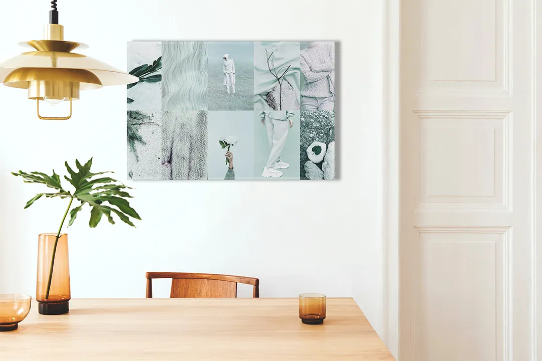 Kurkborden op canvas met abstracte collage in mintgroen – formaat 100 × 70 cm