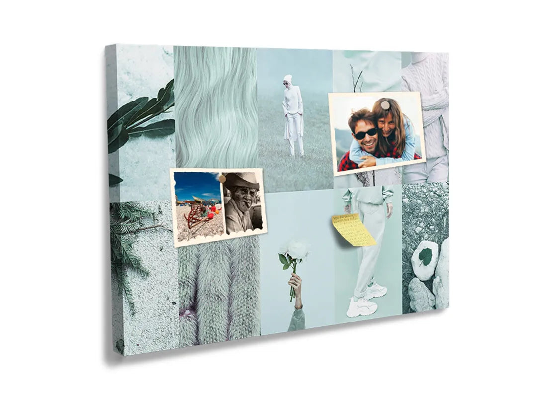 Kurkborden op canvas met abstracte collage in mintgroen – formaat 60 × 40 cm