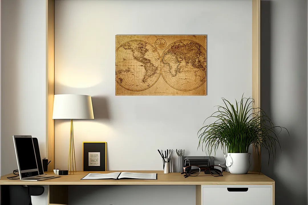 Kurkborden op canvas met antieke dubbele wereldkaart – formaat 140 × 100 cm