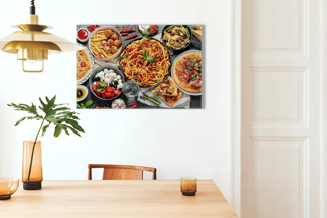 Kurkborden op canvas met italiaanse gerechten van bovenaf – formaat 100 × 70 cm