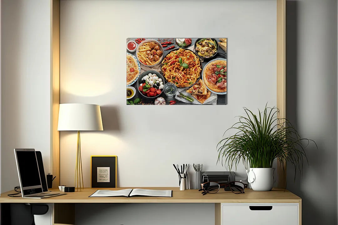 Kurkborden op canvas met italiaanse gerechten van bovenaf – formaat 140 × 100 cm