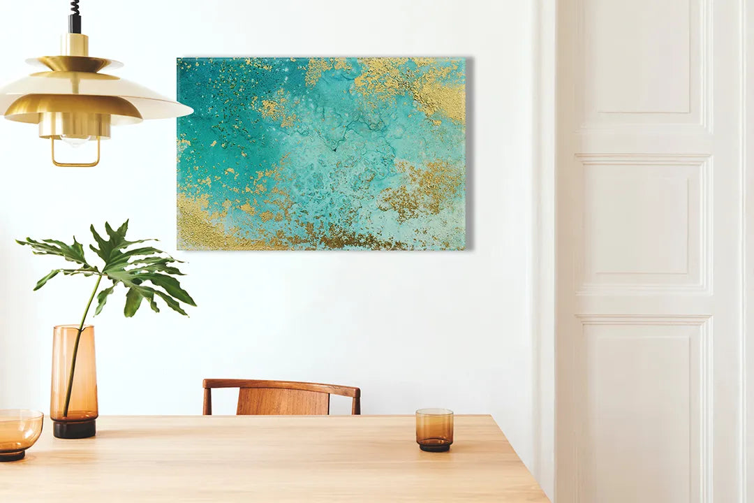 Kurkborden op canvas met turquoise en gouden betonlook – formaat 100 × 70 cm