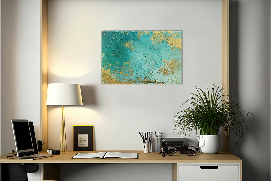 Kurkborden op canvas met turquoise en gouden betonlook – formaat 140 × 100 cm