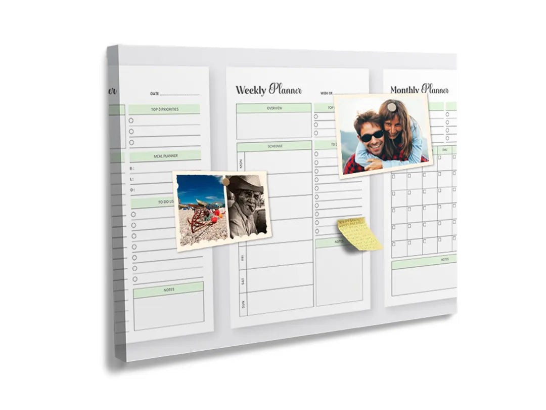 Kurkborden op canvas met driedelige groene planner – formaat 60 × 40 cm