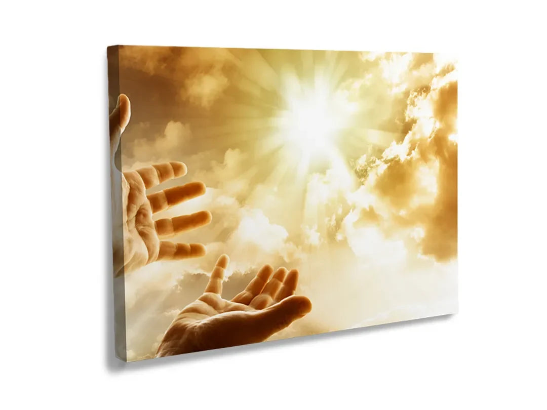 Kurkborden op canvas met handen in zonlicht en wolken – formaat 120 × 80 cm