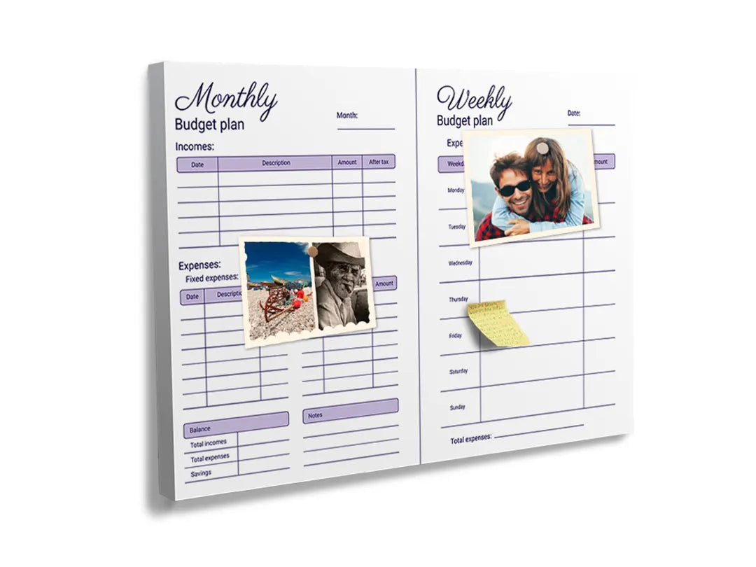 Kurkborden op canvas met paarse maandbudgetplanner – formaat 60 × 40 cm