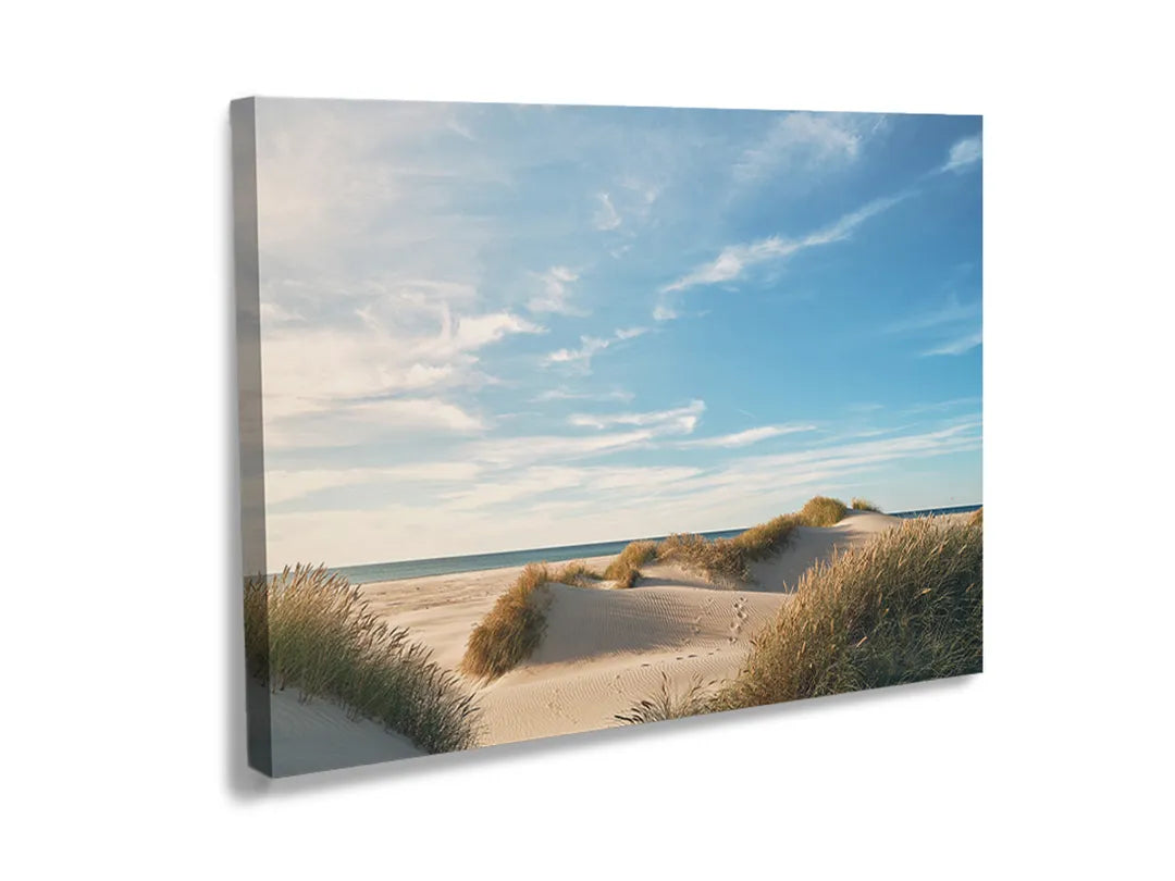 Kurkborden op canvas met duinen onder blauwe zomerhemel – formaat 120 × 80 cm