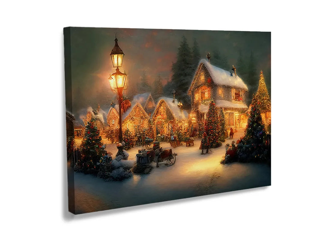Kurkborden op canvas met winterdorp met lantaarnlicht – formaat 120 × 80 cm