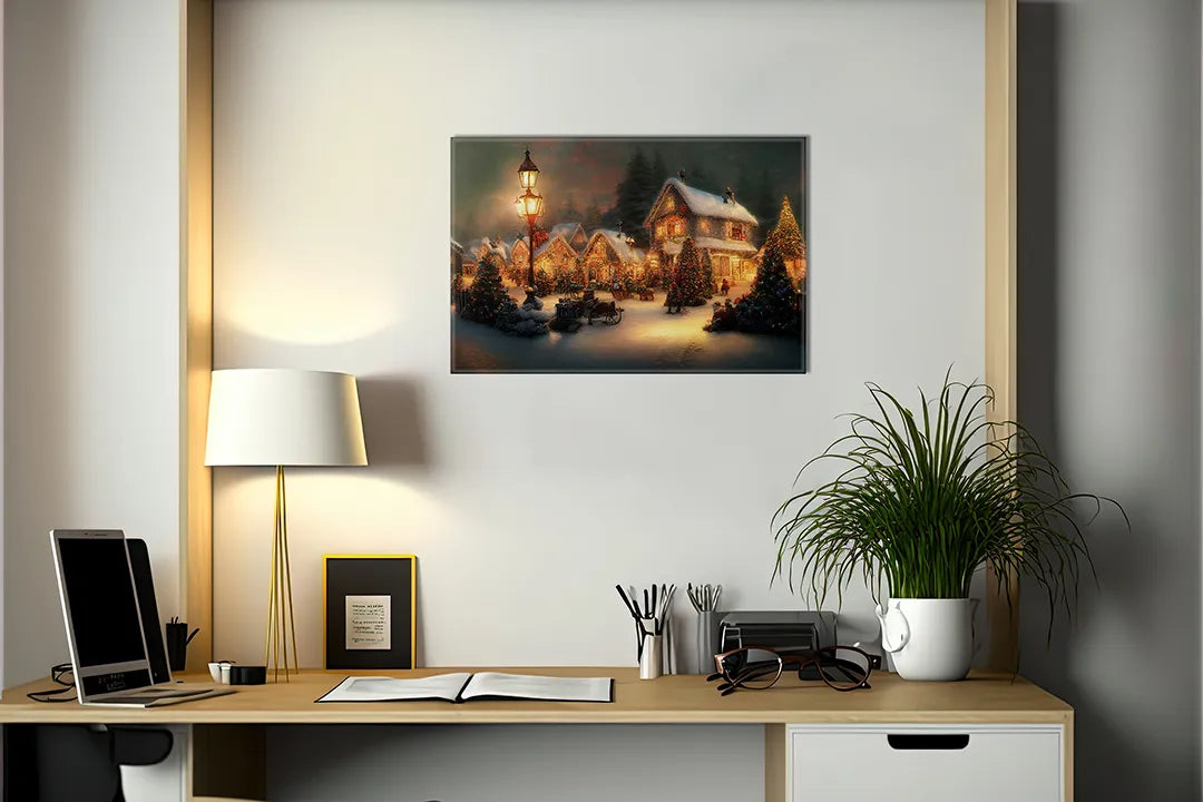Kurkborden op canvas met winterdorp met lantaarnlicht – formaat 140 × 100 cm