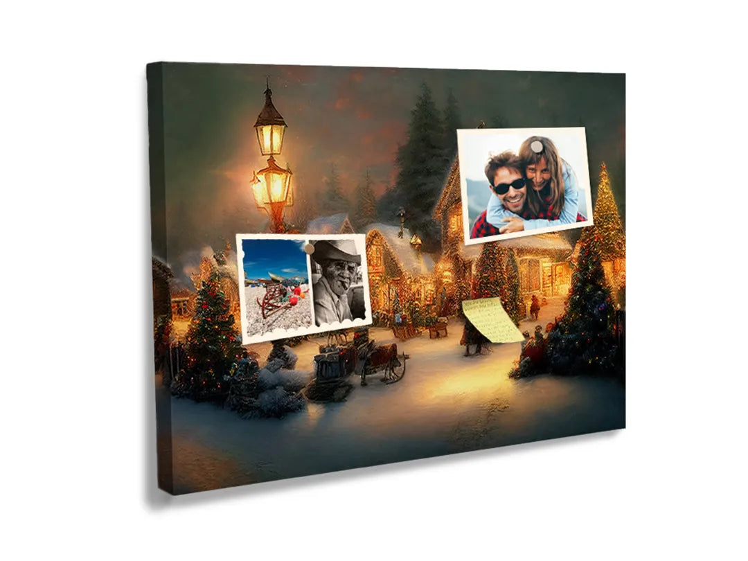 Kurkborden op canvas met winterdorp met lantaarnlicht – formaat 60 × 40 cm