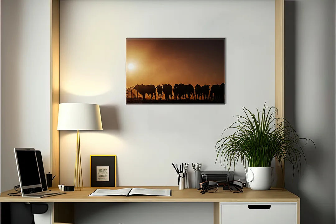 Kurkborden op canvas met olifanten bij zonsondergang – formaat 140 × 100 cm