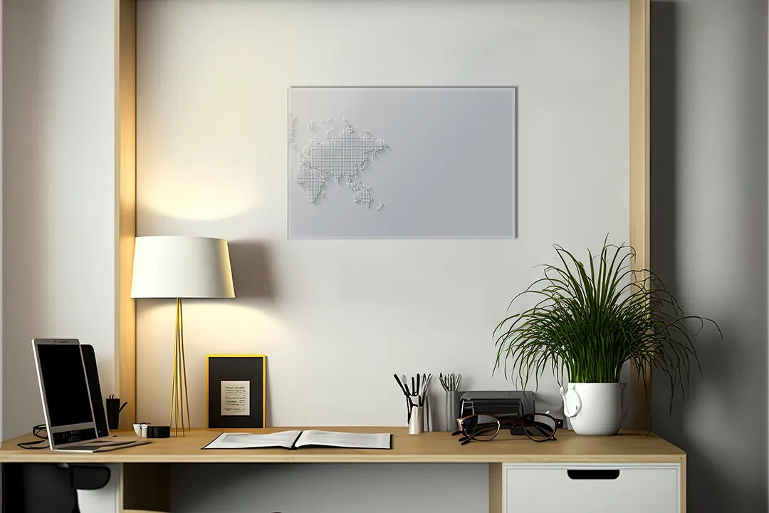 Kurkborden op canvas met witte driedimensionale wereldkaart – formaat 140 × 100 cm