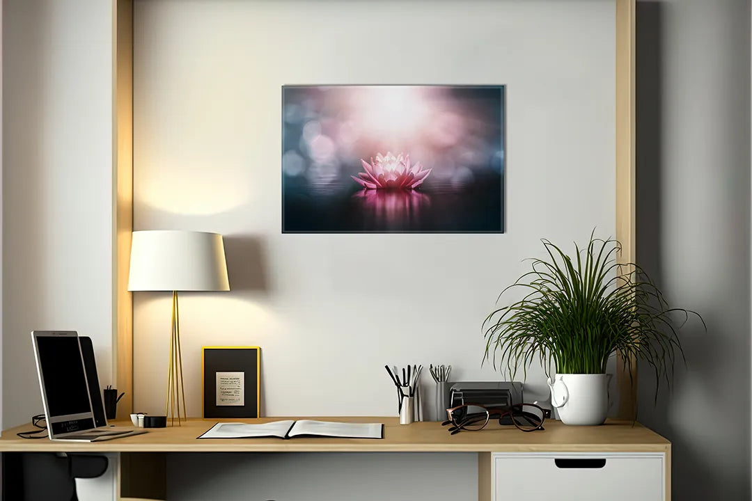 Kurkborden op canvas met roze lotusbloem op donker water – formaat 140 × 100 cm