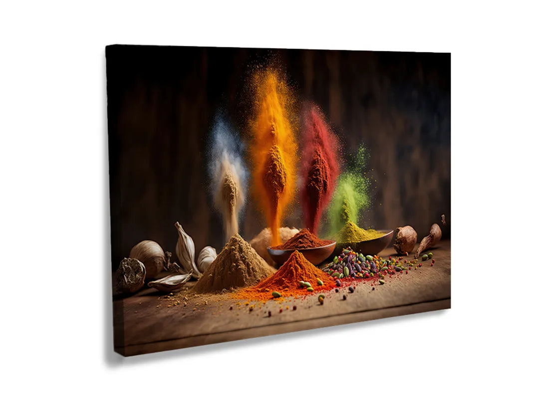 Kurkborden op canvas met kleurrijke kruiden en specerijen in beweging – formaat 120 × 80 cm
