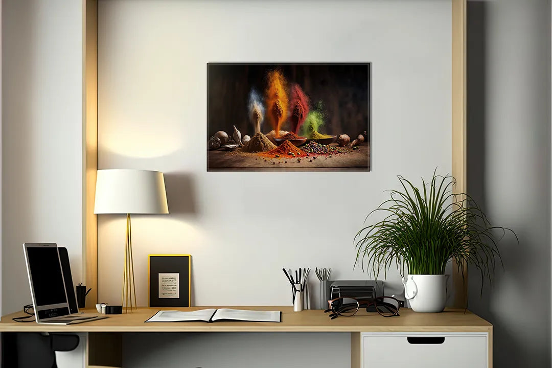 Kurkborden op canvas met kleurrijke kruiden en specerijen in beweging – formaat 140 × 100 cm