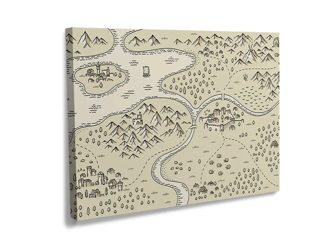 Kurkborden op canvas met getekende avonturenkaart met bergen – formaat 120 × 80 cm
